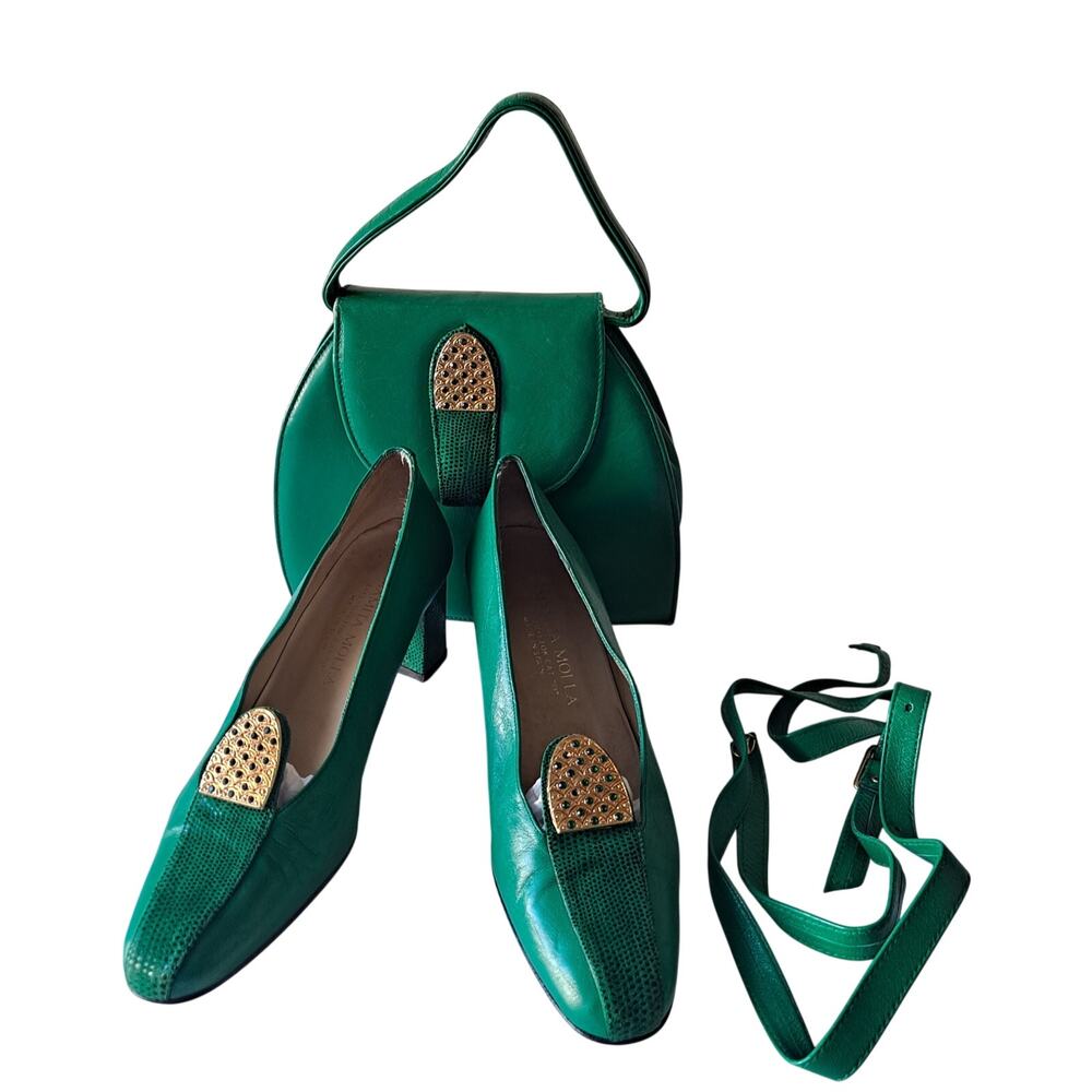 Vintage Mamita Molia Green Leather shoe & Bag Golden Embellishment Women's 8.5
